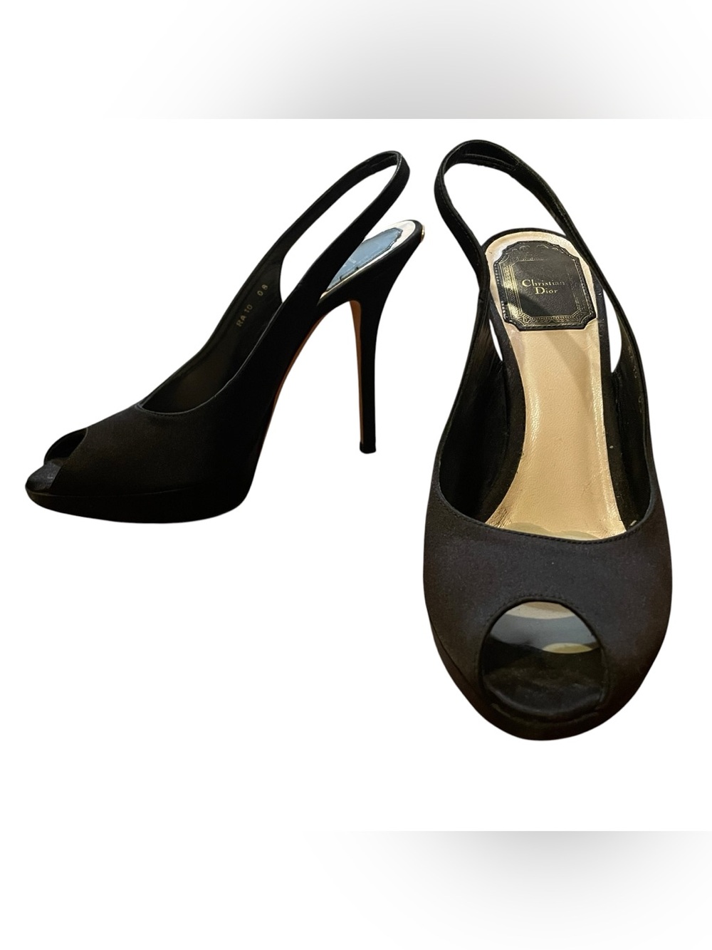 Christian Dior Black Satin Peep Toe Slingback Platform Heels Women Size 37